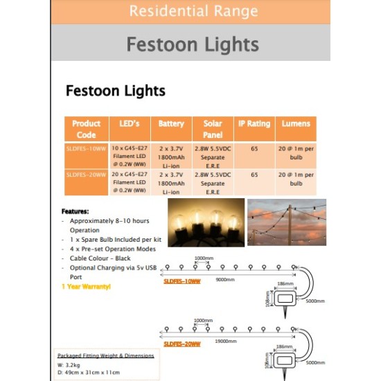 Buy the Solar Festoon Lighting - 20 light Festoon and Fairy Lights online from Decor Lighting